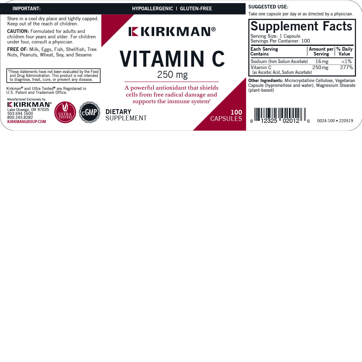 Vitamin C 250mg Hypo Caps 100ct