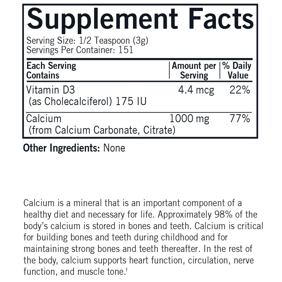Calcium with Vitamin D-3 Powder - Unflavored - Hypoallergenic - 16 oz.