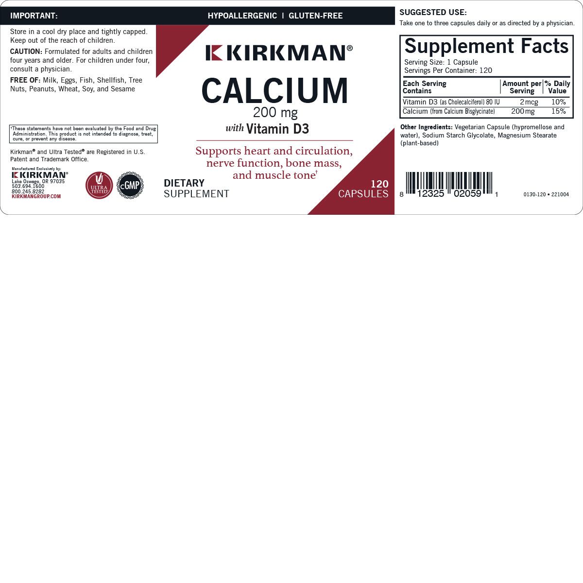 Calcium 200 mg with Vitamin D3 - Hypoallergenic