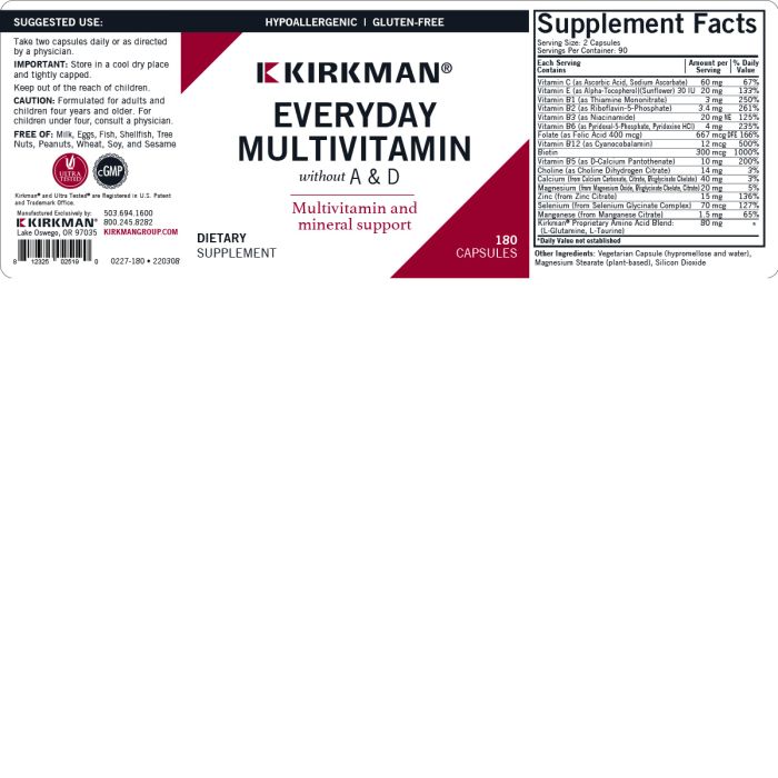 EveryDay™ Multivitamin without Vitamins A & D - Hypoallergenic