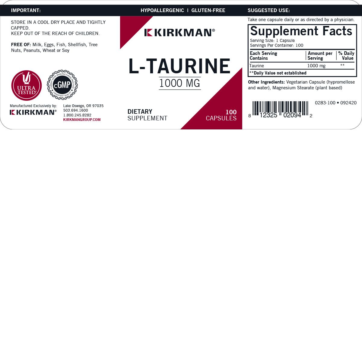 L-Taurine 1000 mg Capsules - Hypo 100 ct