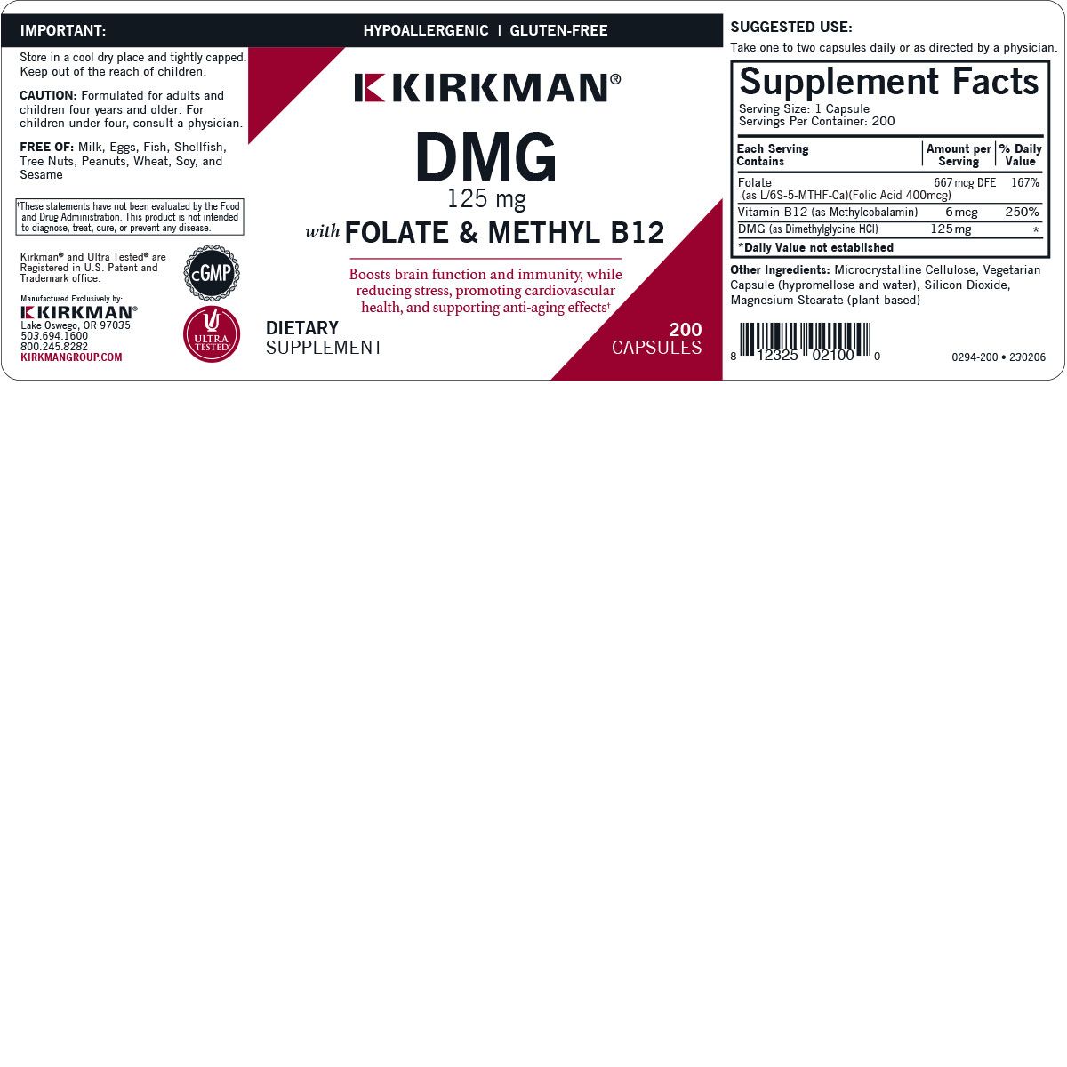 DMG 125 mg with Folate and Methyl B12 - Hypoallergenic Overstock