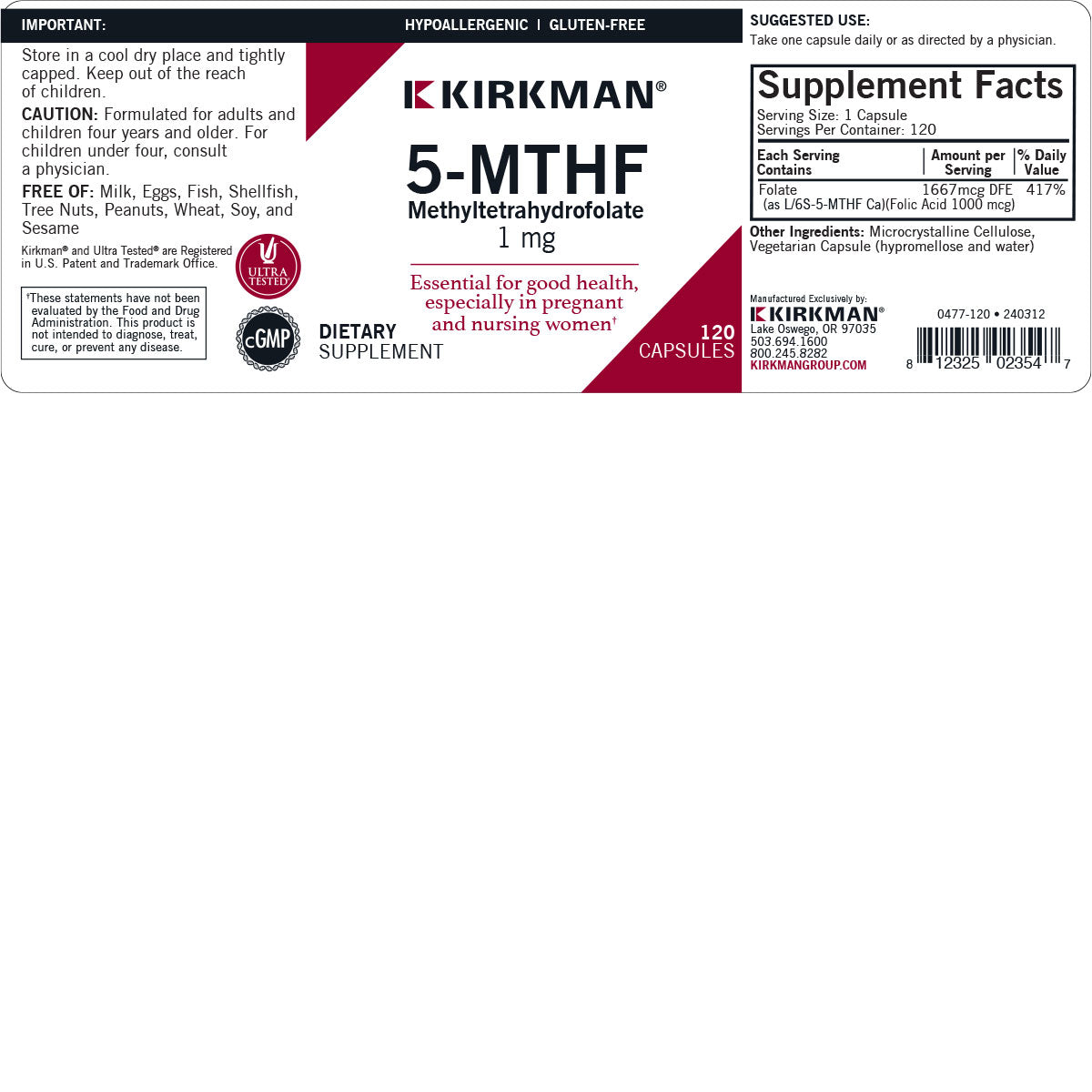 5-MTHF ([L/6S]-5-Methyltetrahydrofolate) 1 mg - Hypoallergenic