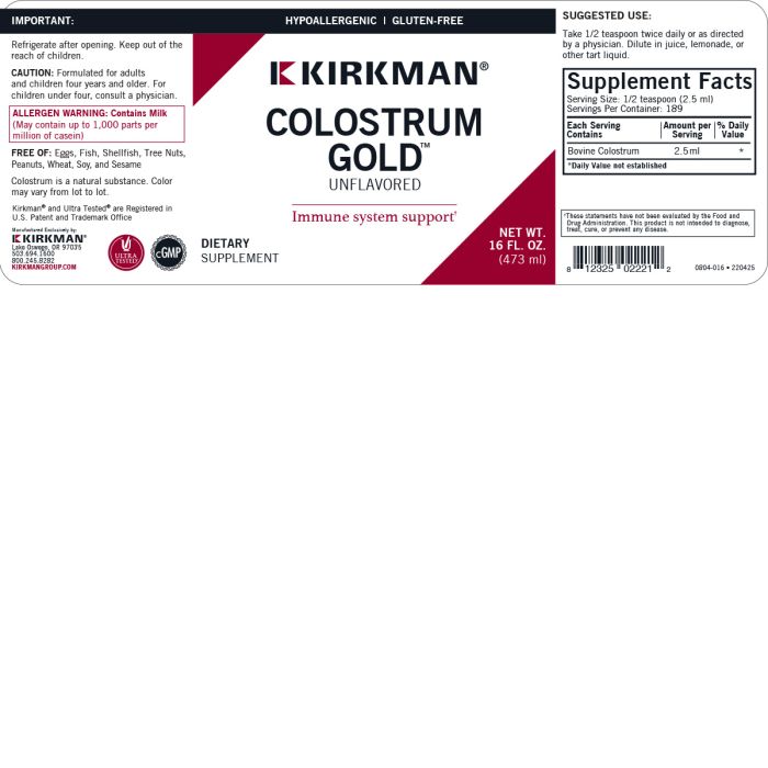 Colostrum Gold™ Immune Support – Unflavored – Hypoallergenic - Large